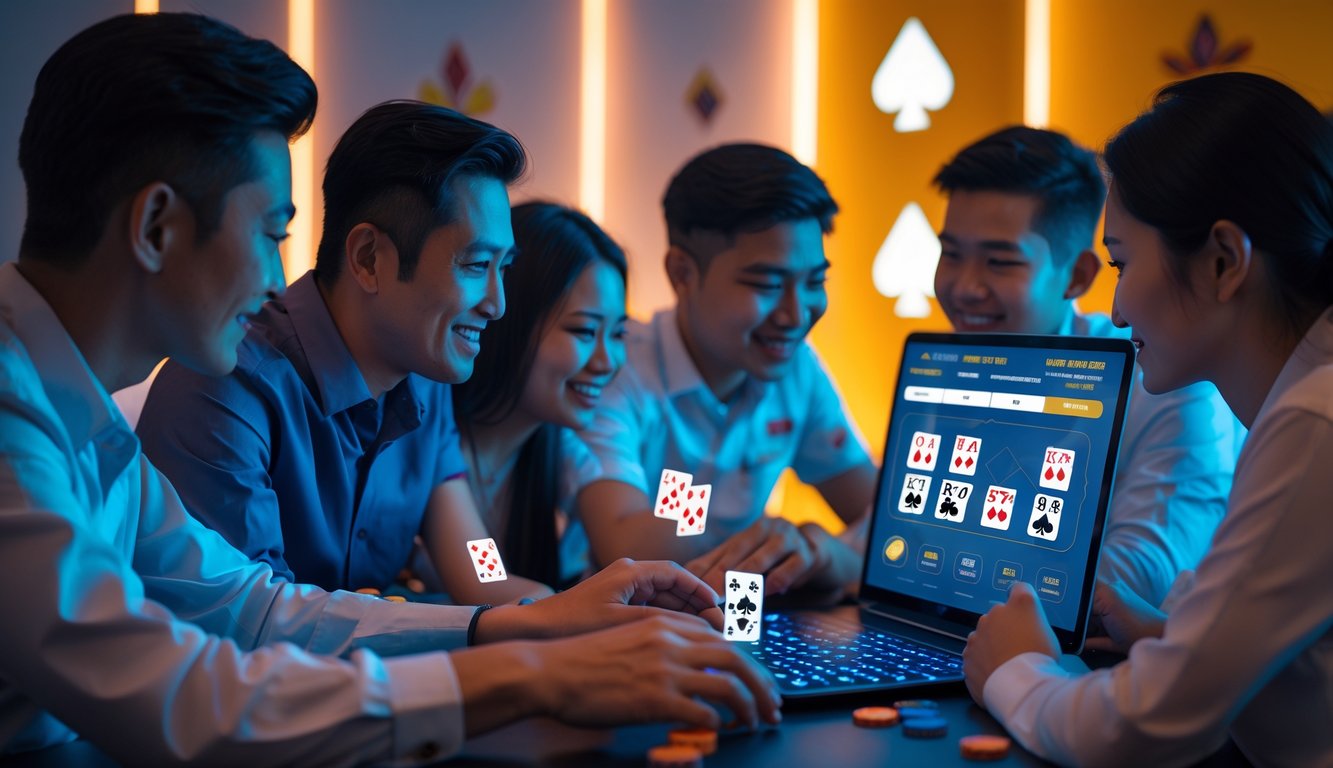 Sekelompok orang Indonesia bermain poker online dengan perangkat digital di ruangan modern yang terang, menunjukkan suasana serius dan menyenangkan.