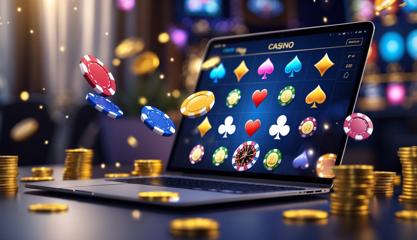 Layar perangkat digital menampilkan ikon permainan kasino dengan chip, kartu, dan koin emas di latar belakang kasino mewah.