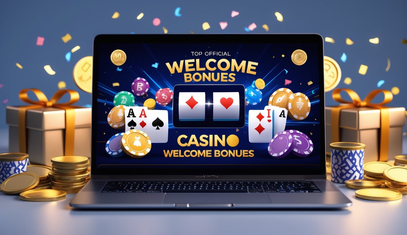 Suasana kasino online resmi dengan layar komputer menampilkan permainan kasino dan simbol bonus di sekitar, menggambarkan pengalaman kasino terbaik di Indonesia.