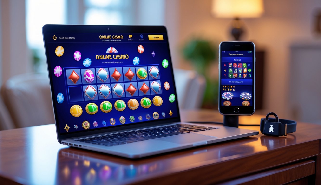 Seorang pria menggunakan laptop dan smartphone untuk bermain kasino online di meja kayu dengan latar belakang ruangan yang nyaman.