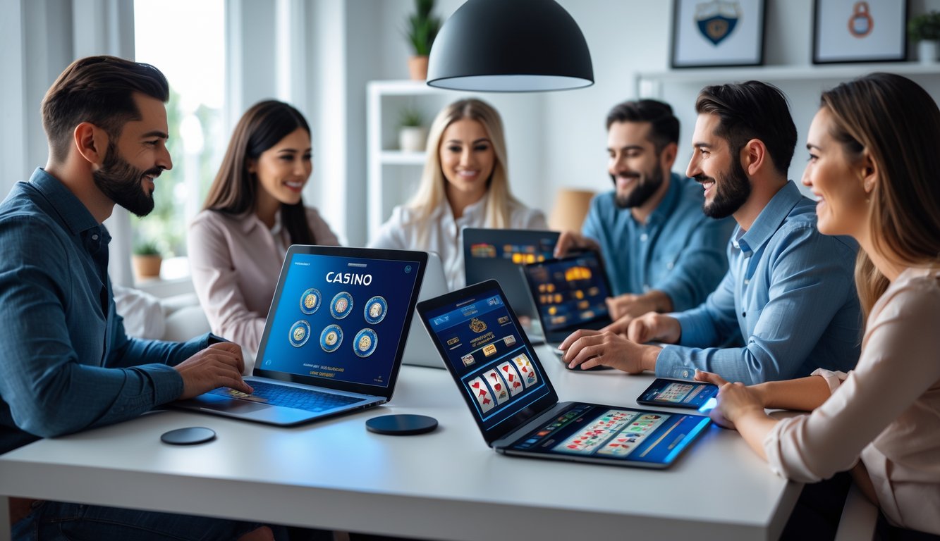 Sekelompok orang menggunakan perangkat digital di ruang tamu modern untuk bermain kasino online dengan suasana aman dan terpercaya.