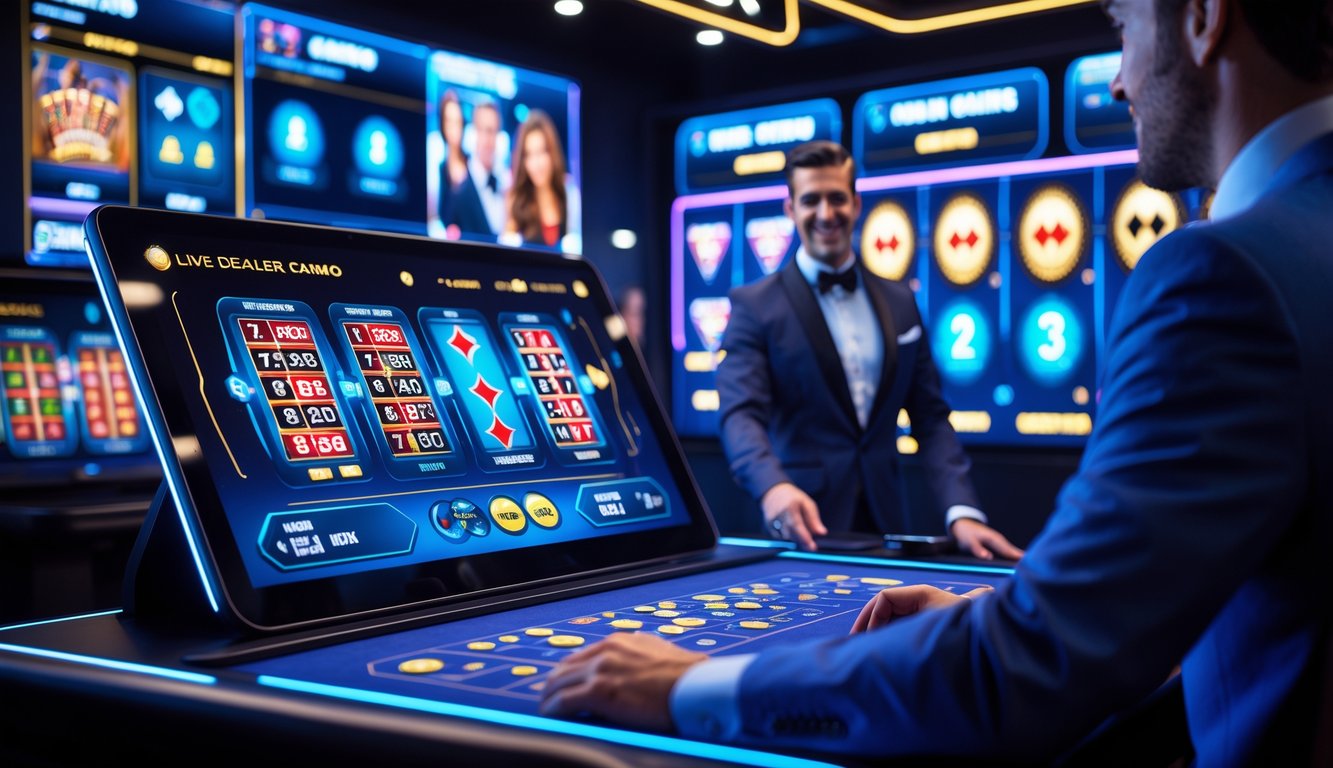 Suasana kasino online dengan dealer langsung yang sedang bermain di depan layar digital besar, dikelilingi oleh berbagai permainan kasino di latar belakang.