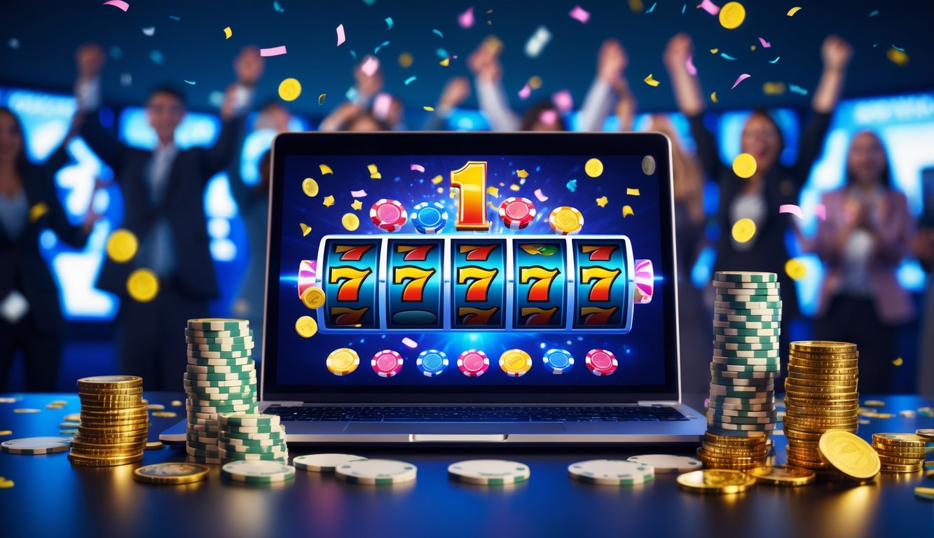 Seorang pengguna laptop dengan layar menampilkan permainan kasino online, dikelilingi oleh chip poker, koin emas, dan kartu remi, dengan latar belakang orang-orang merayakan kemenangan.