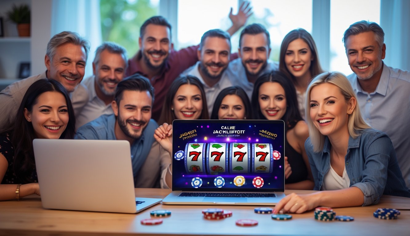 Orang-orang bahagia berkumpul di sekitar laptop dan ponsel yang menampilkan permainan kasino online dengan grafik mesin slot dan ikon jackpot di ruangan yang nyaman.