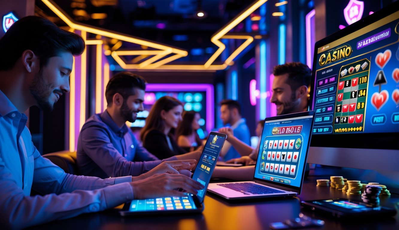 Sekelompok orang menggunakan perangkat digital untuk bermain permainan kasino online di lingkungan yang nyaman dan modern.