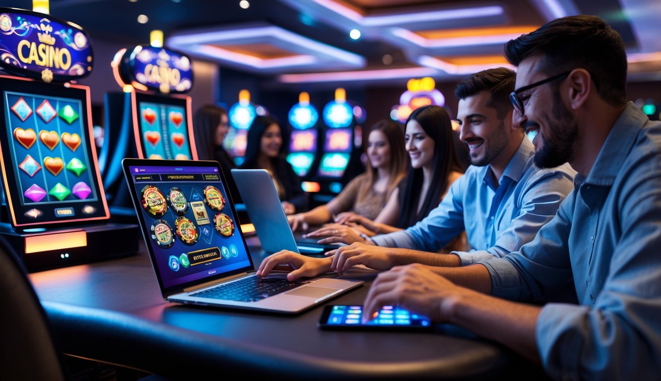 Sekelompok orang berbeda usia bermain permainan kasino online di perangkat digital dalam ruangan modern yang terang dan bersih.