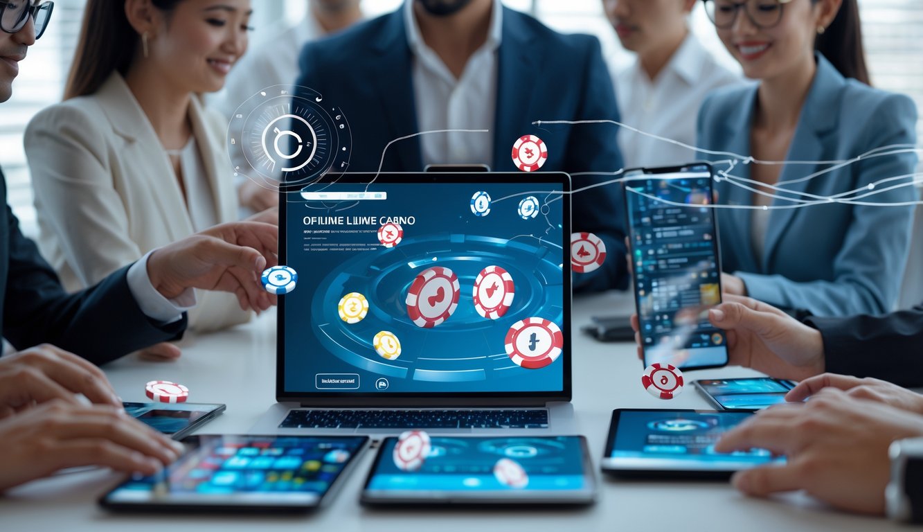 Orang-orang menggunakan perangkat digital untuk bermain kasino online dengan latar belakang simbol keamanan dan kecepatan transaksi.