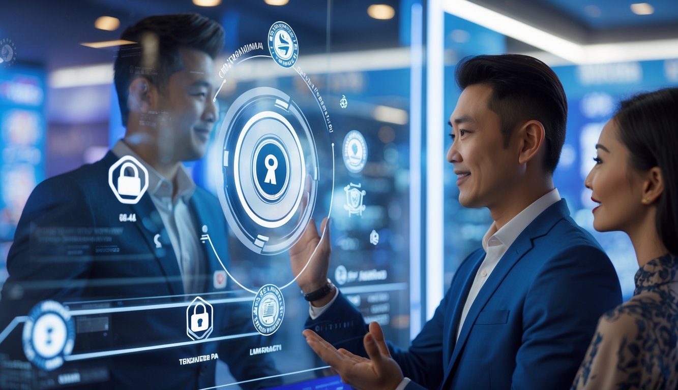 Dua orang profesional sedang berinteraksi dengan antarmuka digital yang menunjukkan simbol transaksi cepat dan aman di lingkungan kasino online.