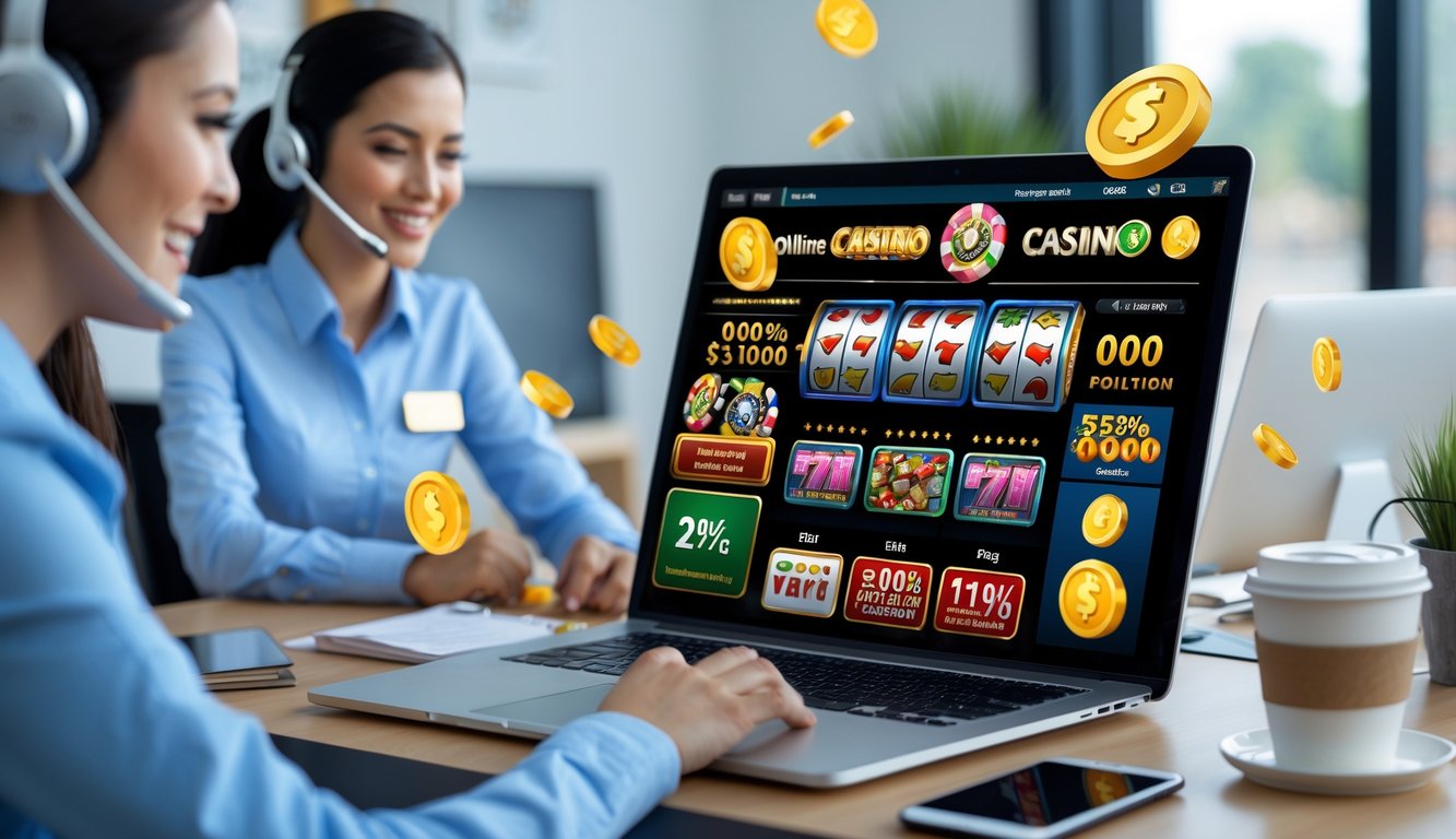 Seorang perwakilan layanan pelanggan dengan headset membantu pengguna komputer yang menampilkan permainan kasino online dengan elemen bonus di sekitarnya.