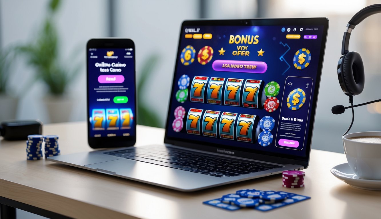 Meja kerja dengan laptop yang menampilkan permainan kasino online, ponsel dengan notifikasi bonus, headset layanan pelanggan, dan perlengkapan kasino seperti chip dan dadu.