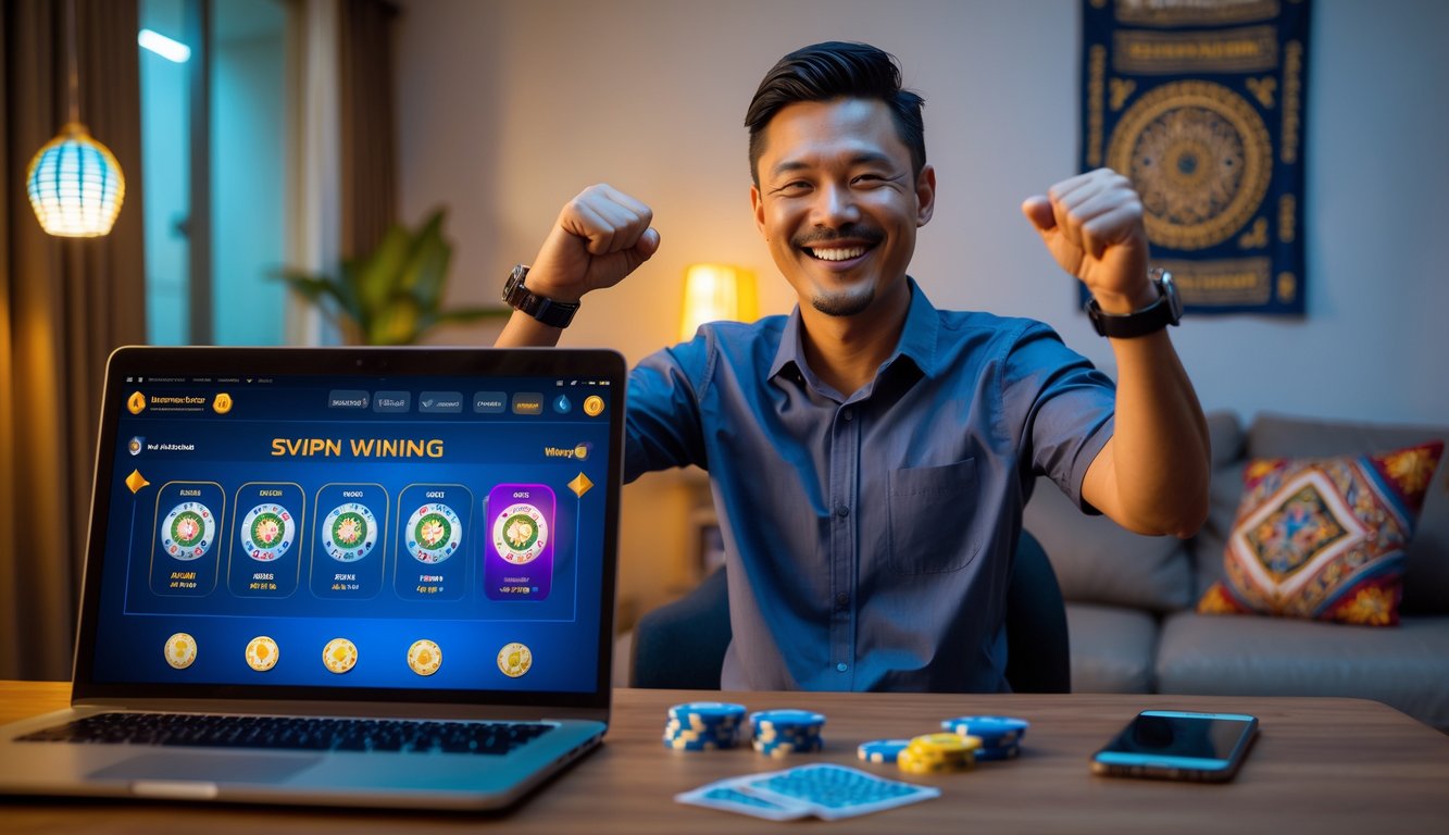 Seorang pria tersenyum dan mengangkat tinju merayakan kemenangan besar di depan laptop dengan tema kasino online di ruangan rumah.