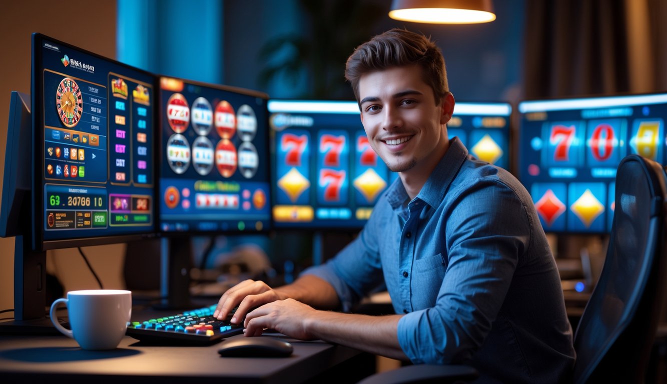 Seorang pria muda duduk di depan beberapa layar komputer yang menampilkan permainan kasino online, terlihat fokus dan percaya diri.