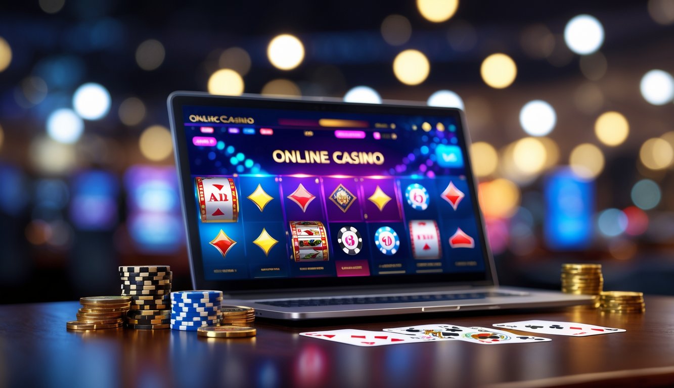 Seorang pengguna sedang bermain kasino online dengan layar komputer menampilkan berbagai permainan dan chip poker di atas meja.