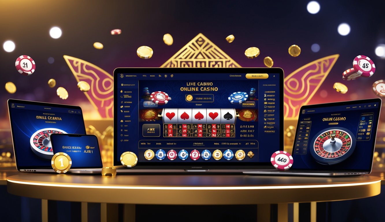 Suasana kasino online resmi dengan pemain berinteraksi menggunakan perangkat digital, menampilkan berbagai permainan kasino seperti poker dan roulette.