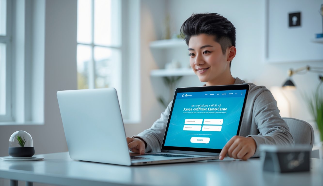 Seseorang duduk di depan laptop di meja modern, tampak fokus menggunakan situs kasino online resmi.