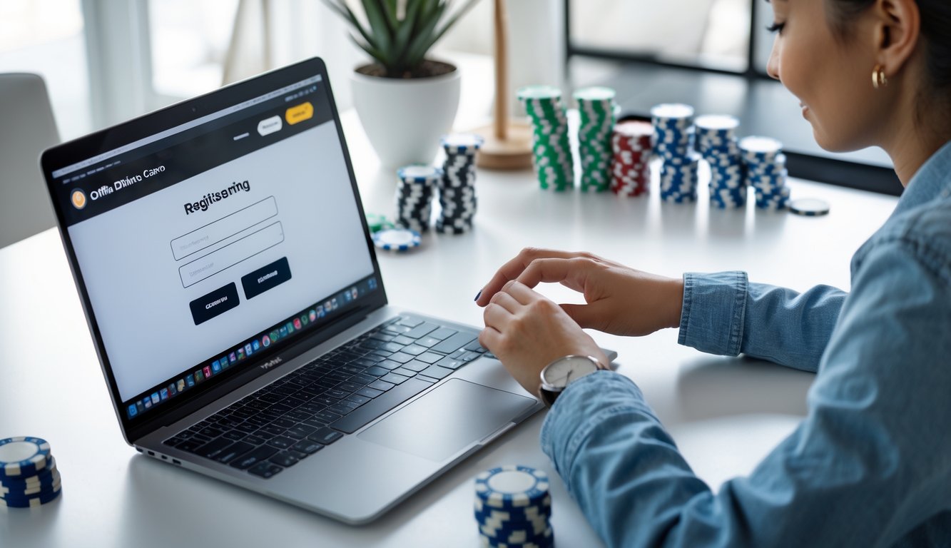 Seseorang sedang mendaftar di situs kasino online resmi menggunakan laptop di meja kerja yang rapi dan nyaman.