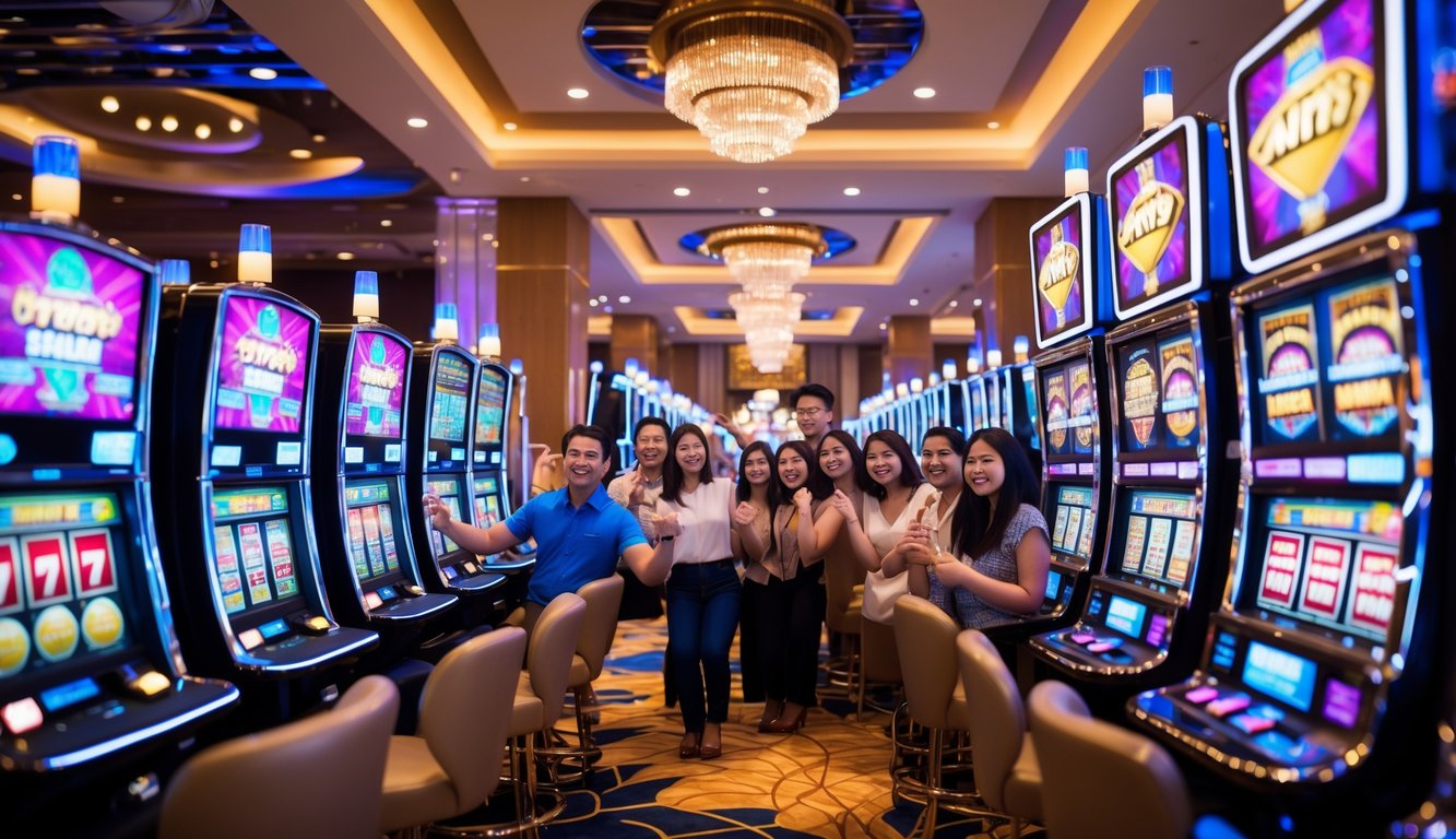 Suasana kasino modern dengan mesin slot yang menyala dan orang-orang sedang bermain serta merayakan kemenangan.