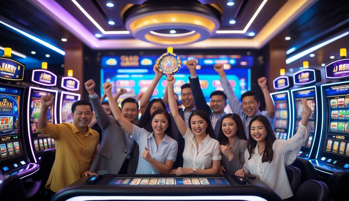 Sekelompok orang yang sedang merayakan kemenangan jackpot besar pada mesin slot di sebuah kasino modern di Indonesia.