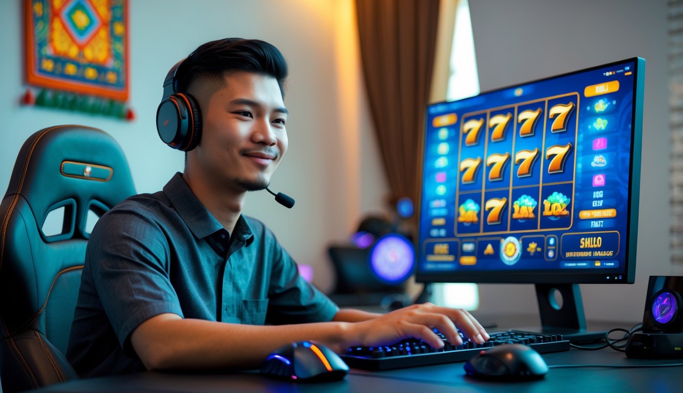 Seorang pria muda Indonesia duduk di depan komputer dengan layar menampilkan permainan slot, di ruangan modern dengan dekorasi batik.