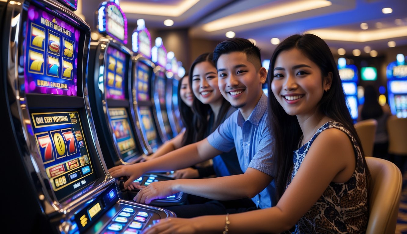 Beberapa orang muda Indonesia sedang bermain mesin slot di kasino modern dengan suasana ceria dan profesional.