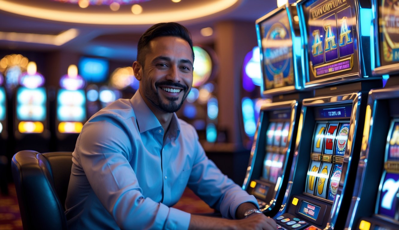 Seorang pria percaya diri duduk di depan mesin slot yang menyala di dalam kasino modern.