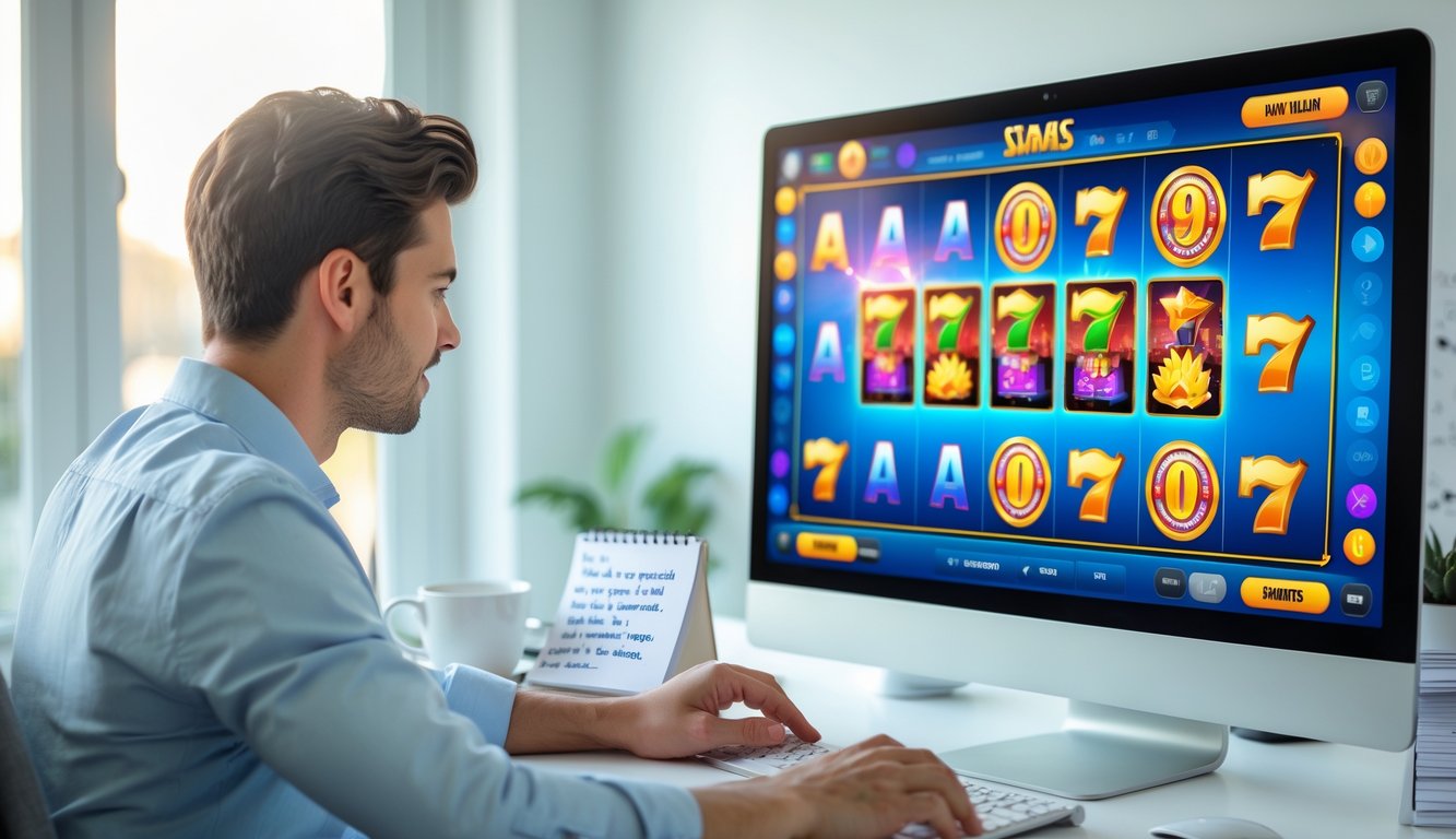 Seorang pria muda duduk di meja kerja dengan komputer yang menampilkan permainan mesin slot berwarna-warni di layar, di ruang kerja rumah yang terang dan rapi.