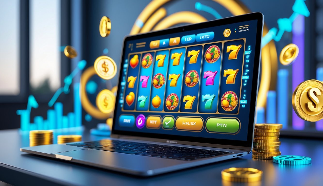 Layar komputer menampilkan permainan mesin slot berwarna cerah dengan simbol buah dan koin emas, dikelilingi ikon keamanan digital dan grafik menunjukkan pengembalian tinggi.