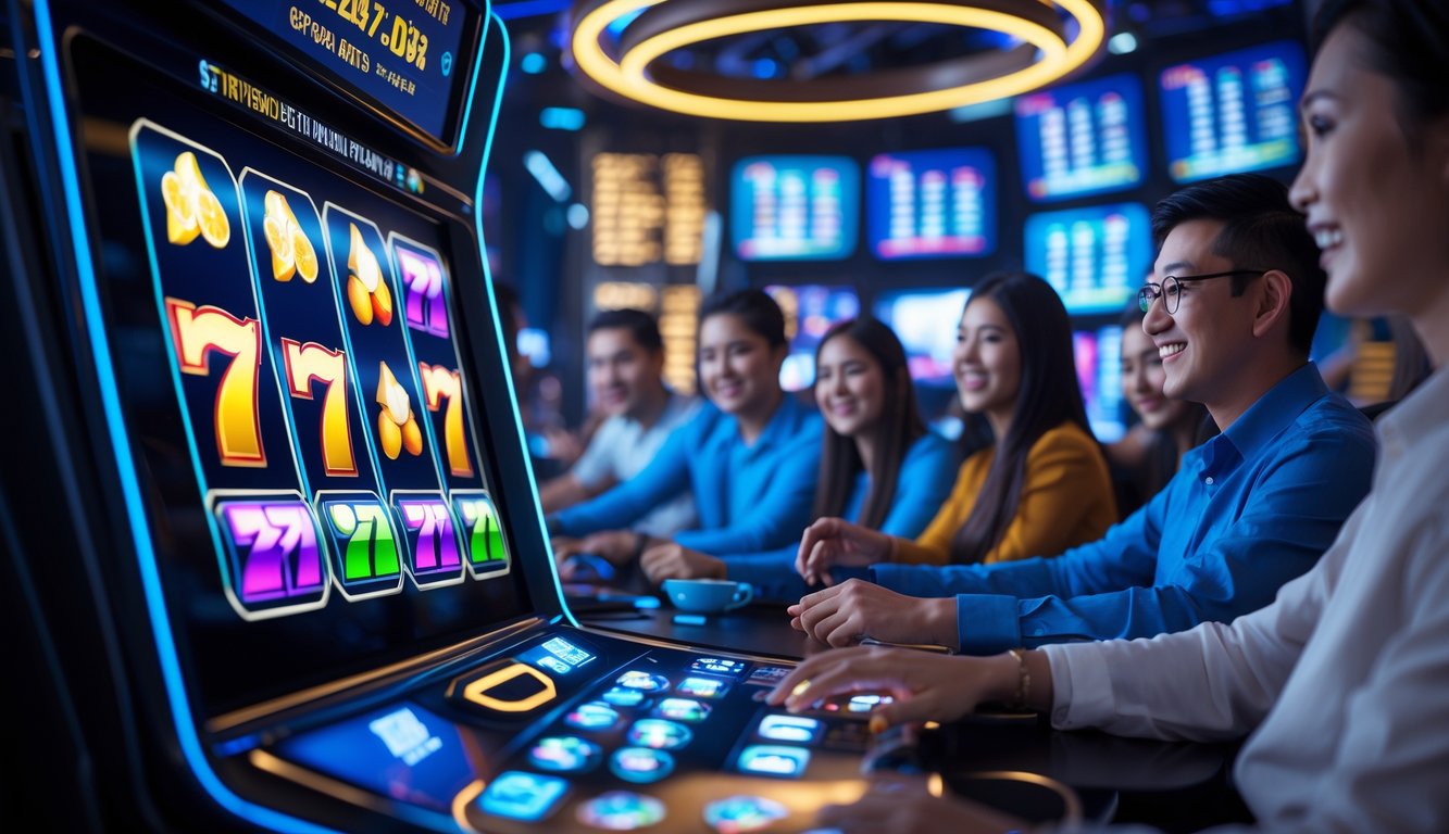 Suasana ruang permainan modern dengan mesin slot digital berwarna cerah dan orang-orang yang terlihat antusias bermain dan melihat layar statistik.