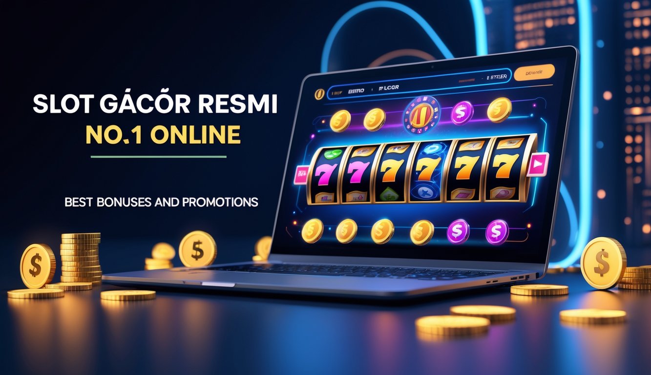 Sebuah komputer dengan layar menampilkan permainan mesin slot berwarna-warni dan ikon digital yang melambangkan bonus dan promosi di lingkungan permainan online.