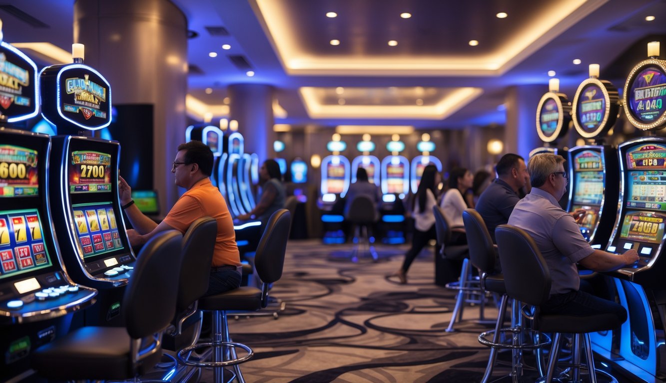 Suasana kasino modern dengan mesin slot dan pemain yang fokus bermain.