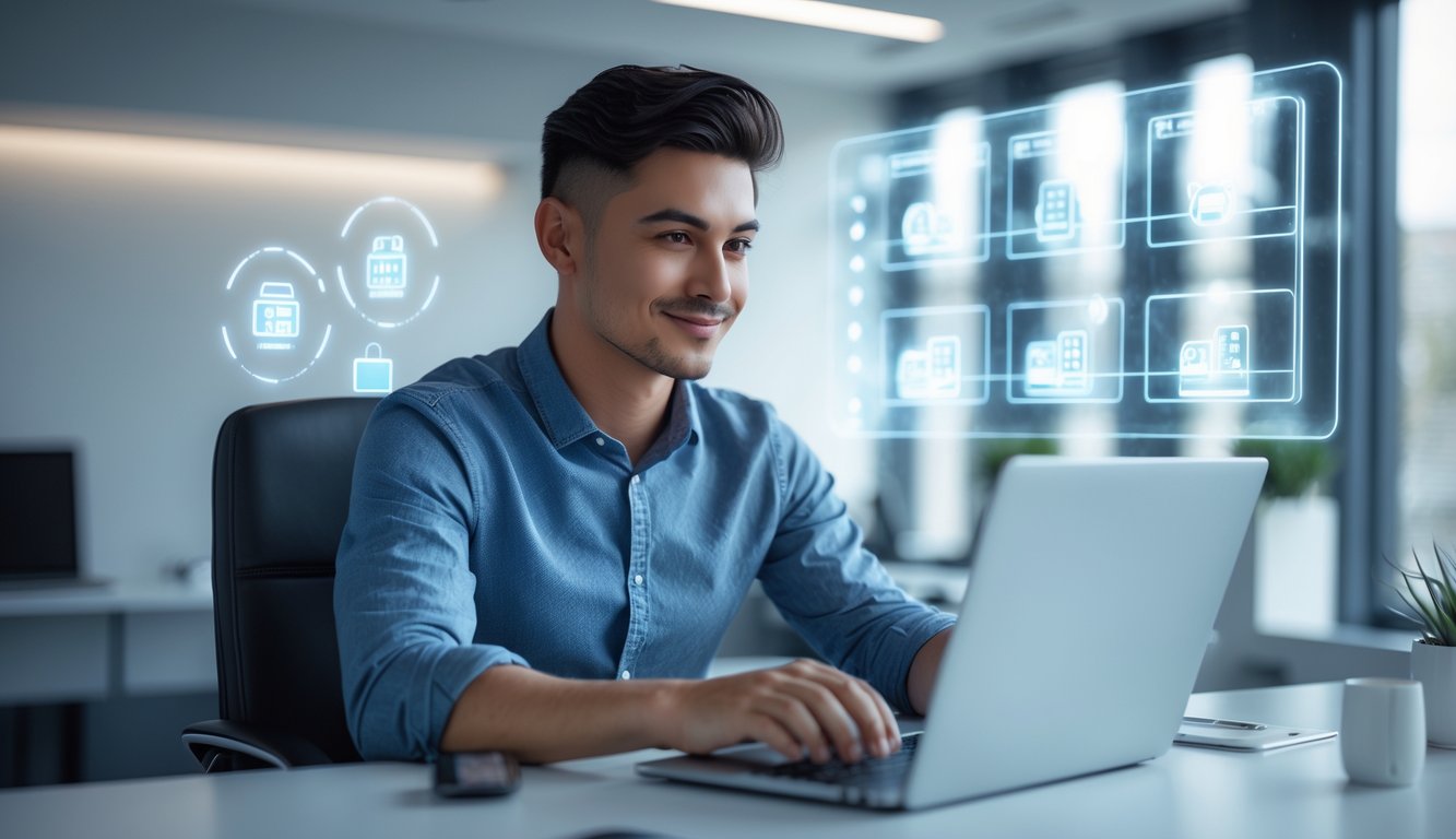 Seorang pria muda duduk di meja dengan laptop di kantor modern, terlihat fokus dan percaya diri.