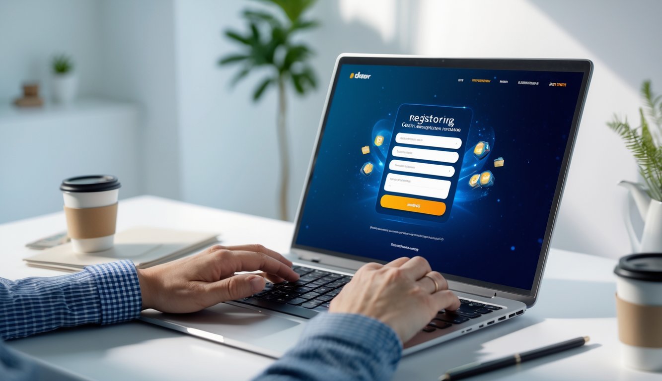 Seseorang sedang mendaftar di situs slot resmi menggunakan laptop di meja kerja yang rapi.