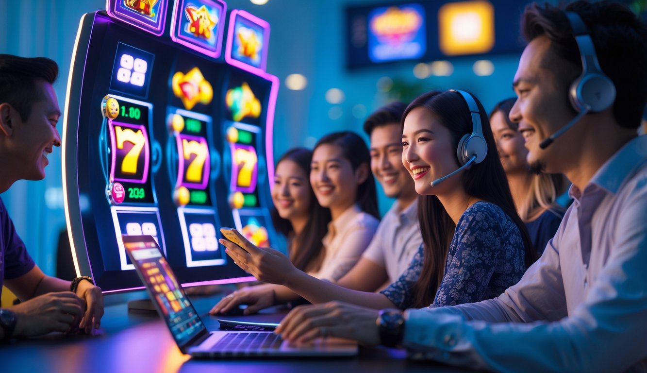 Orang-orang sedang bermain mesin slot online di perangkat digital dalam ruangan modern dan nyaman.