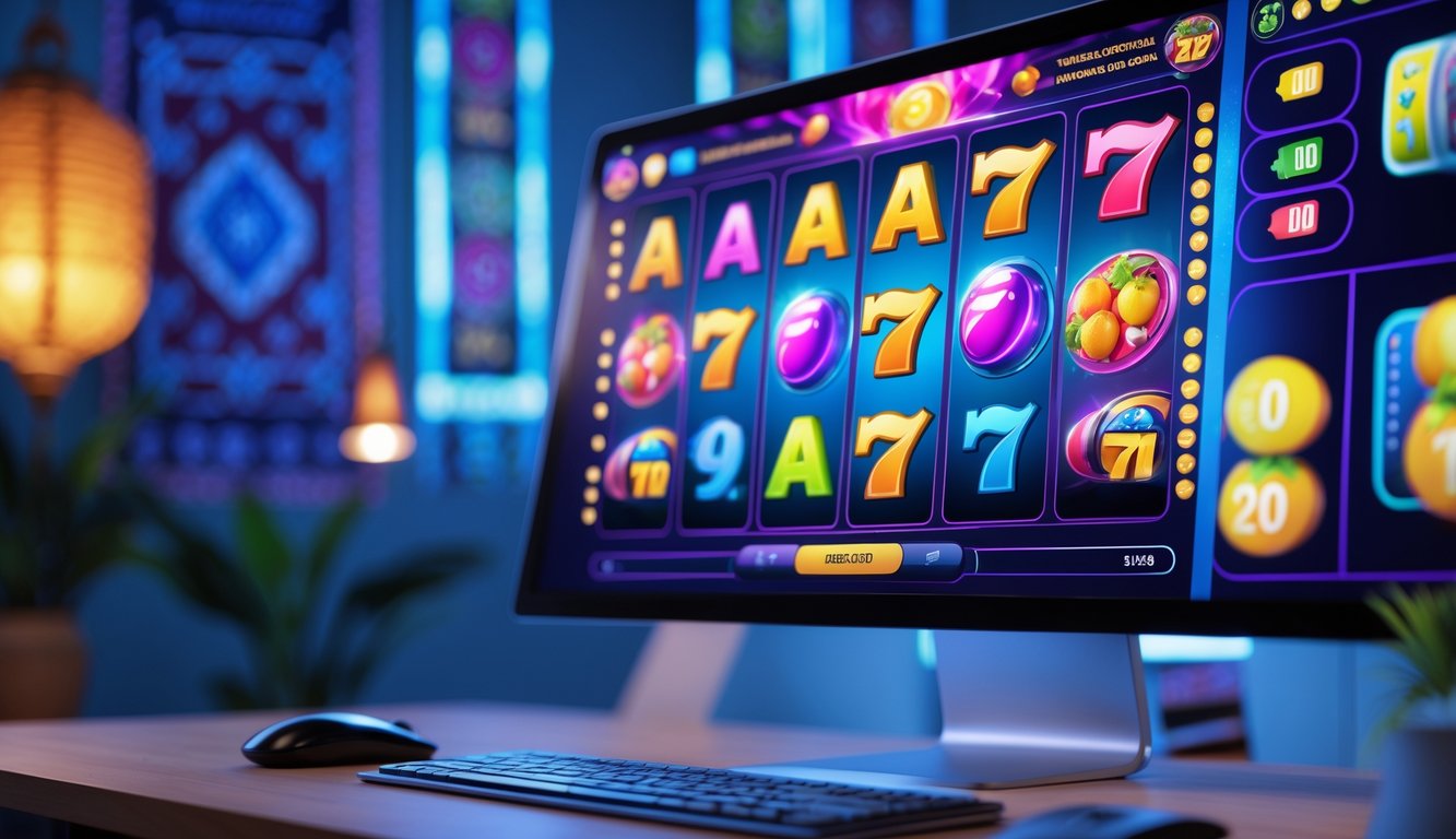 Layar komputer menampilkan permainan slot online dengan simbol warna-warni, di latar belakang terdapat pola batik dan siluet kepulauan Indonesia.