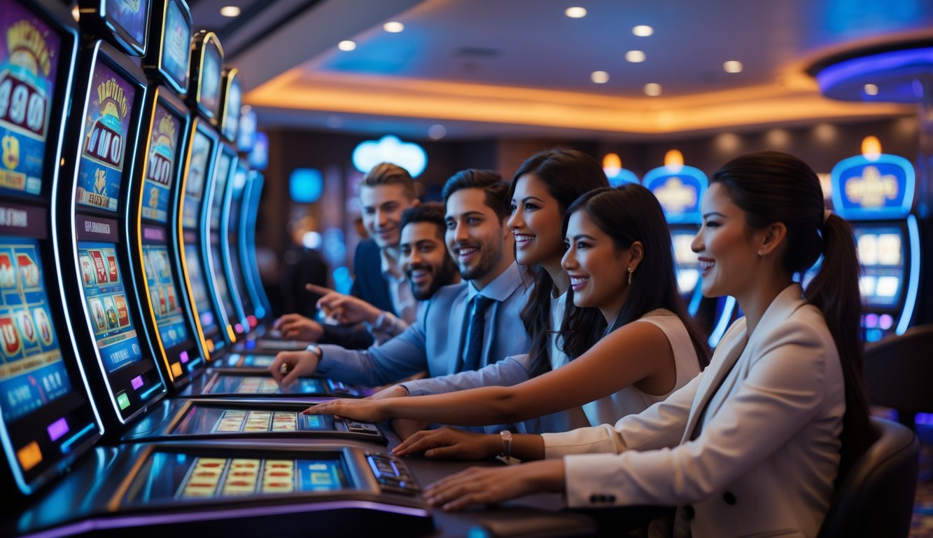 Orang-orang sedang bermain mesin slot digital di ruang kasino modern yang terang dan profesional.