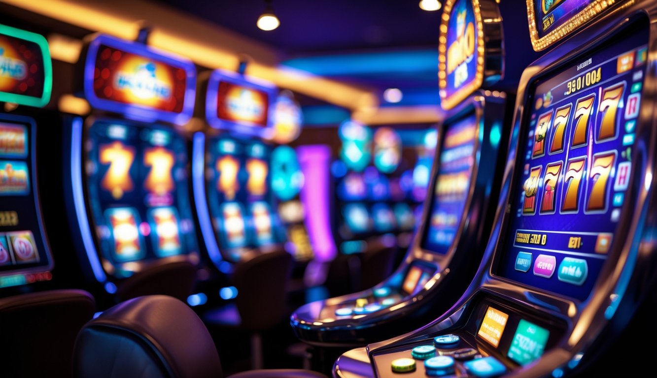 Mesin slot modern dengan layar berwarna cerah dan simbol kemenangan, di lingkungan kasino online yang profesional dan menarik.