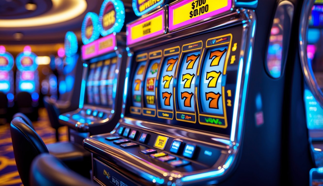 Mesin slot modern berwarna cerah dengan lampu menyala dan gulungan yang menunjukkan kombinasi menang di dalam kasino.