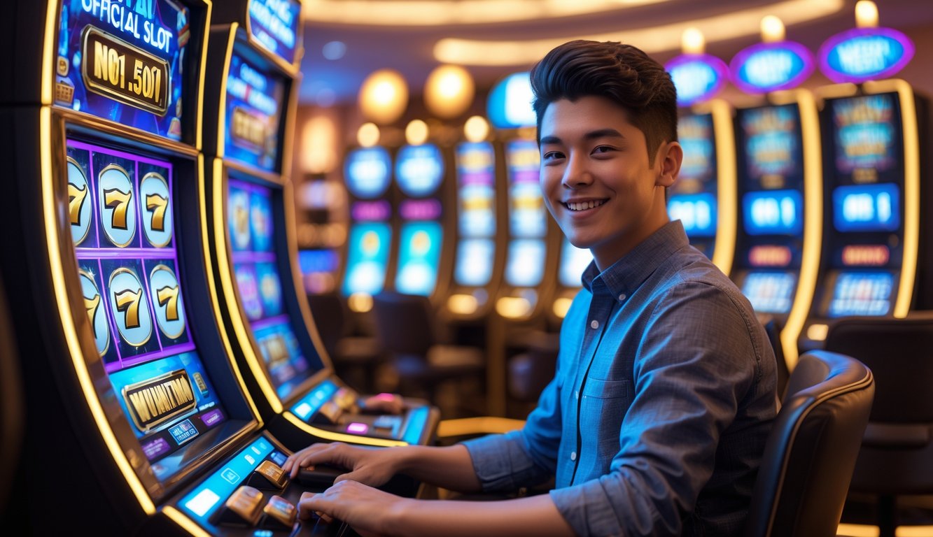 Seorang pemain pemula yang percaya diri duduk di depan mesin slot di kasino dengan tampilan mesin yang menampilkan simbol kemenangan dan koin yang jatuh.