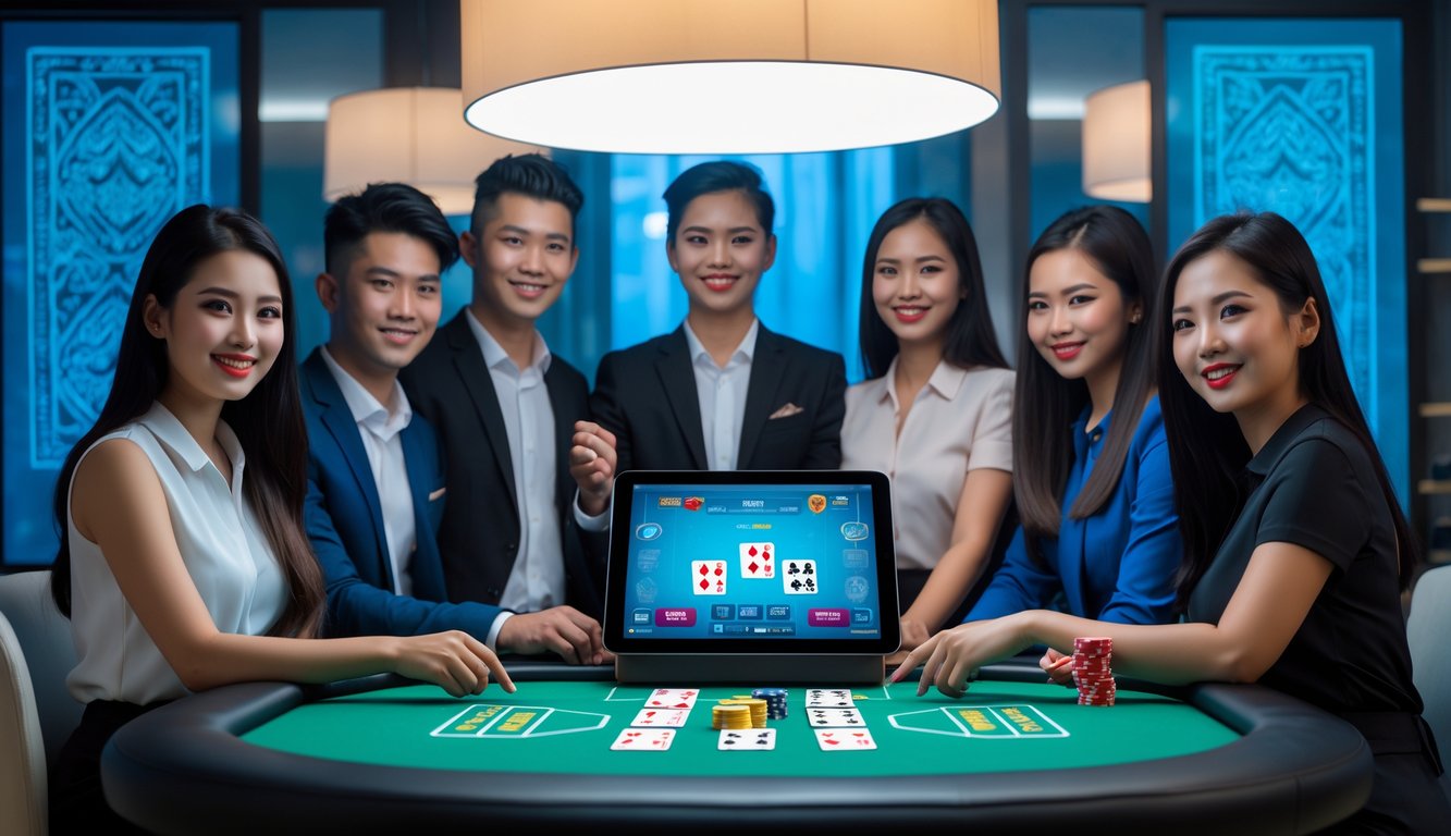 Sekelompok orang muda bermain poker online di sekitar meja digital dengan suasana modern dan elemen budaya Indonesia di latar belakang.