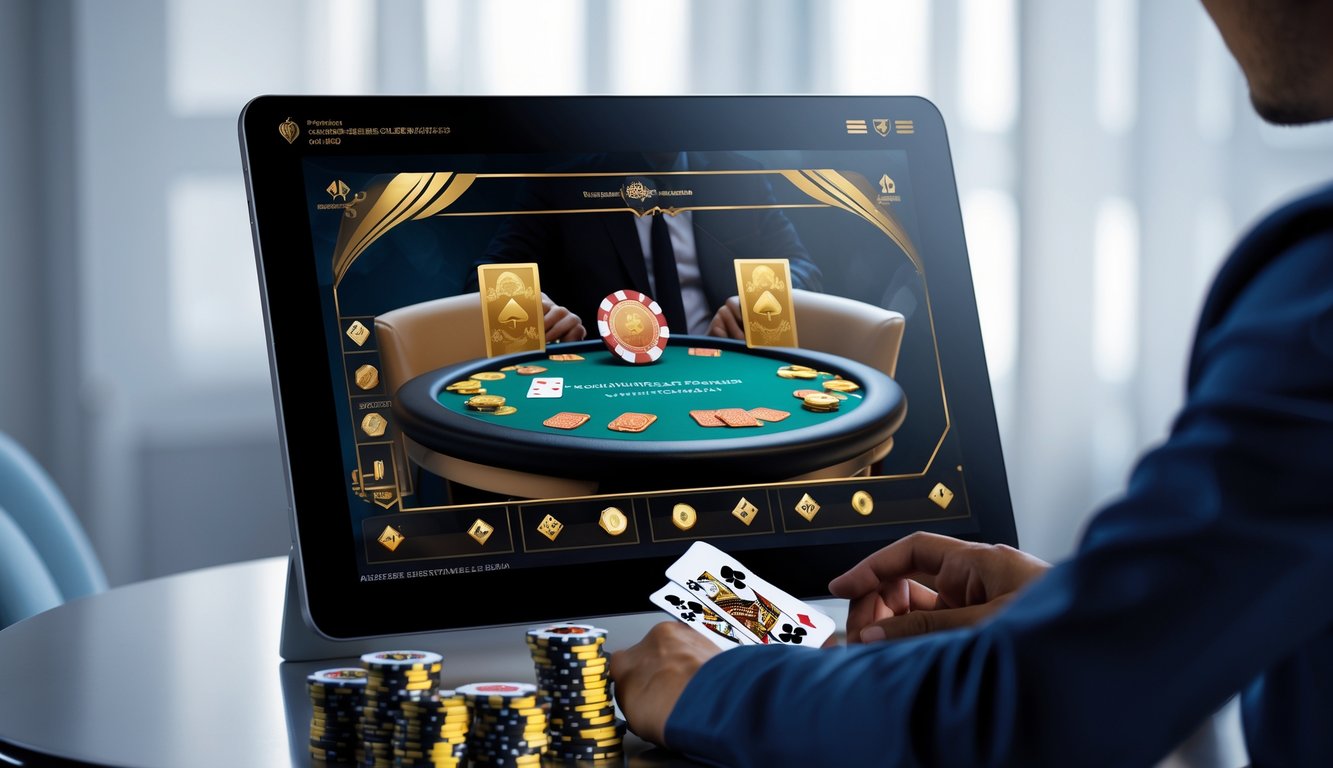 Seorang pemain menggunakan perangkat digital dengan meja poker online dan chip poker terlihat di layar.