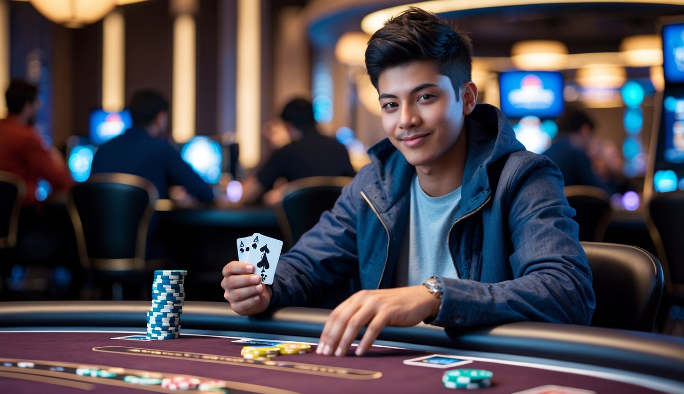 Seorang dewasa muda duduk di meja poker dengan kartu dan tumpukan chip di kasino yang terang dan modern.