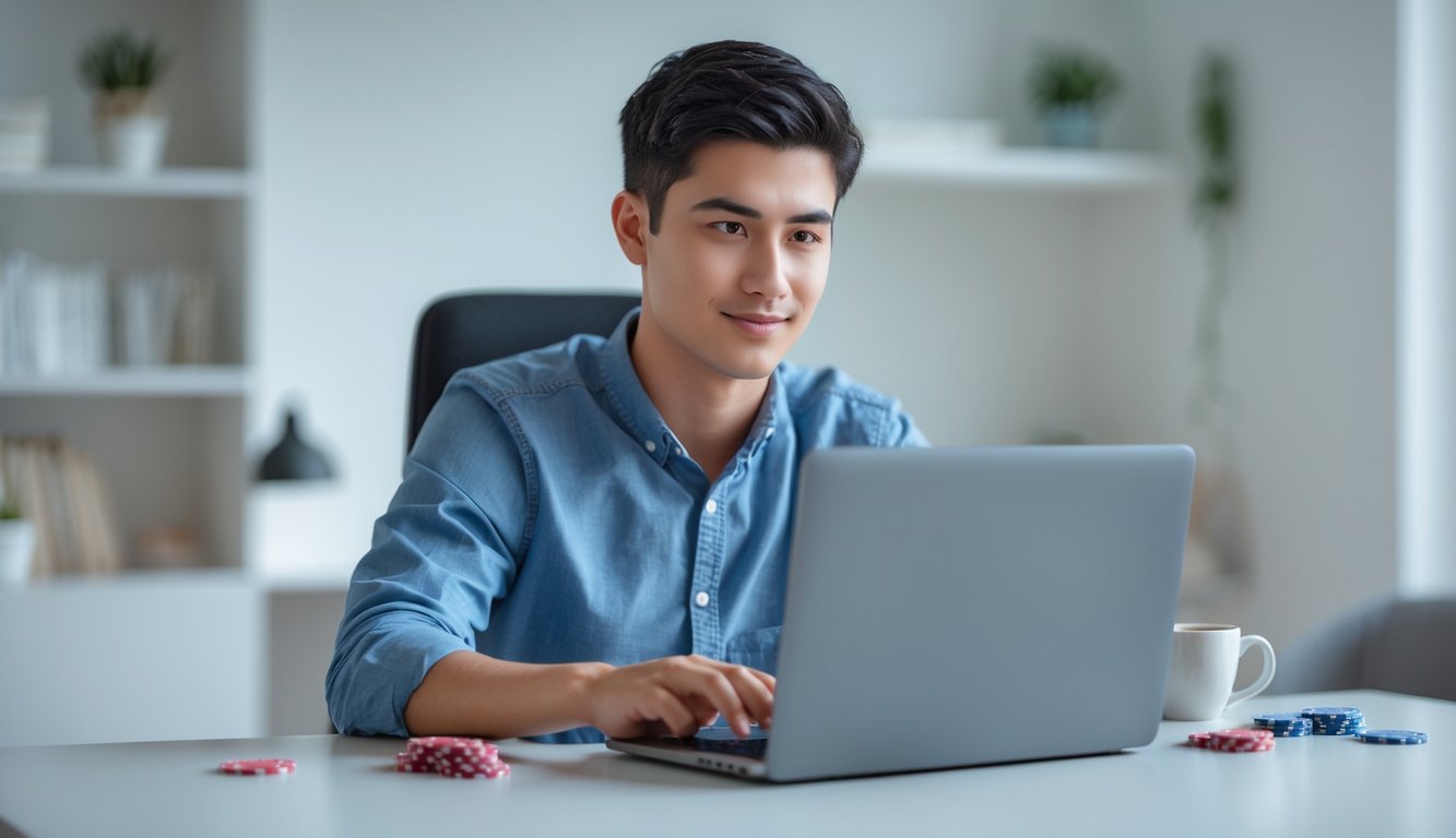 Seorang pria muda duduk di meja dengan laptop, bermain poker online di ruang kerja yang rapi dan terang.