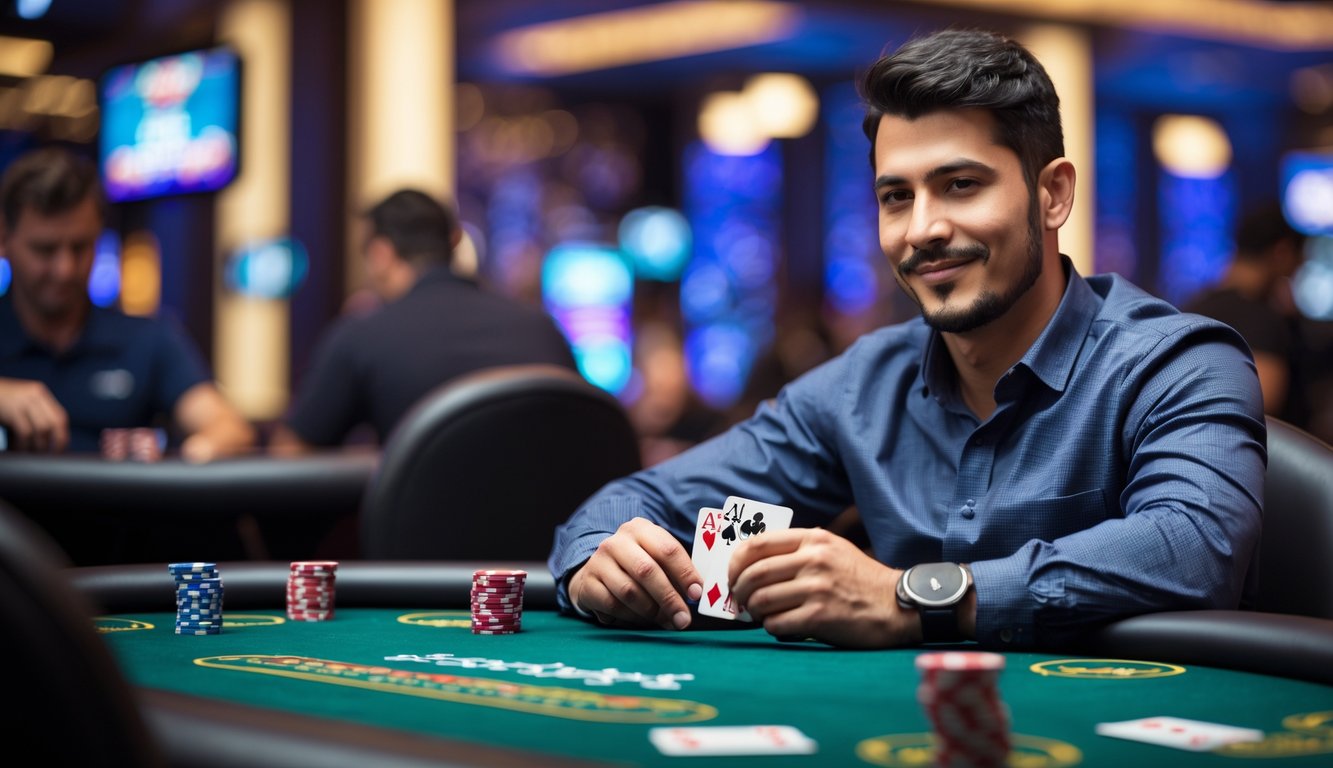 Seorang pria duduk di meja poker dengan kartu dan chip, terlihat fokus dan percaya diri di kasino.