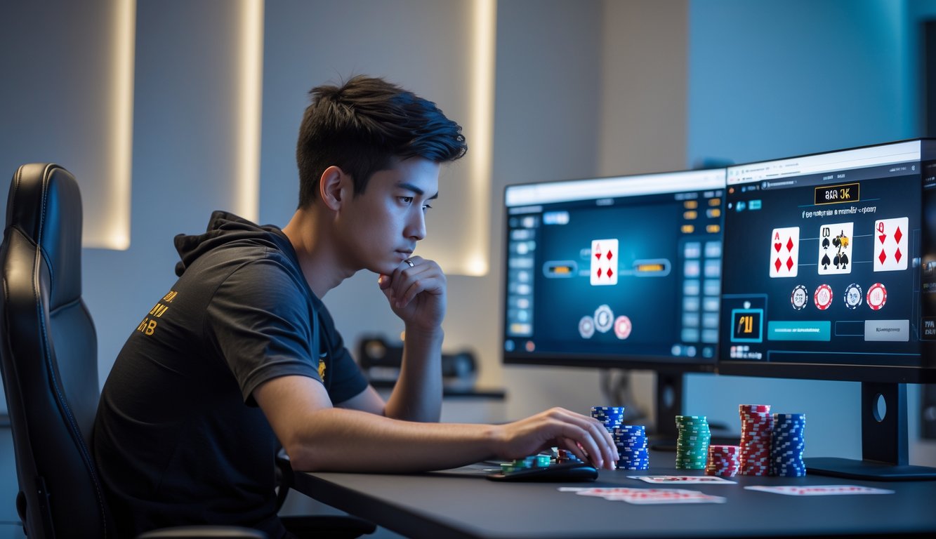 Seorang dewasa muda fokus bermain poker online di depan beberapa monitor komputer dengan chip poker dan kartu di meja.