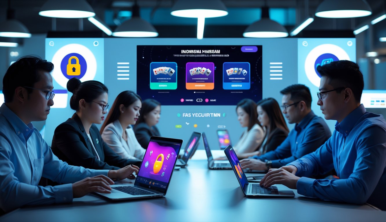 Beberapa orang dewasa sedang bermain poker online dengan perangkat digital di meja modern yang bersih dan aman.