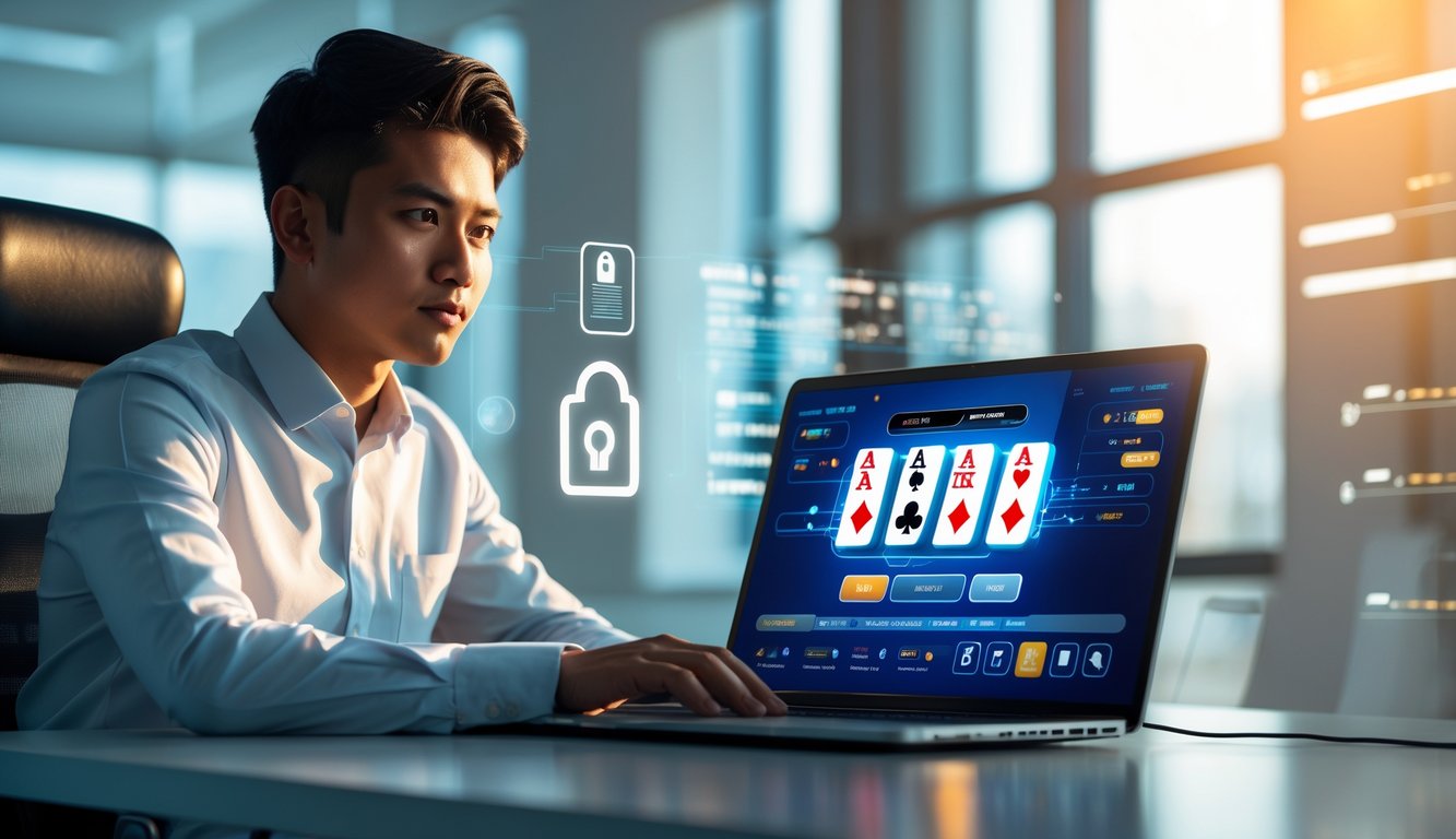 Seorang pria muda Indonesia duduk di depan laptop bermain poker online di ruang kantor yang terang dan modern.