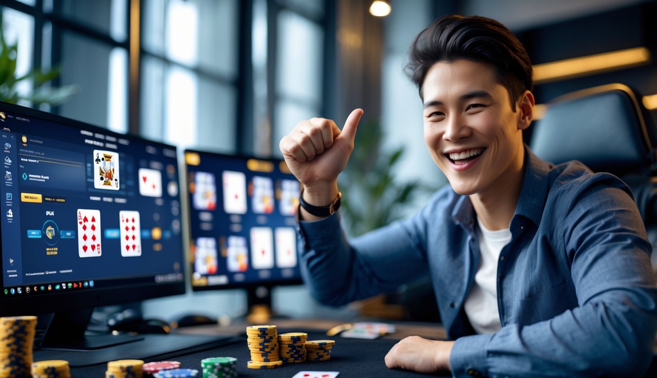 Seseorang sedang merayakan kemenangan besar dalam permainan poker online di ruang kerja modern dengan layar komputer dan tumpukan chip poker.