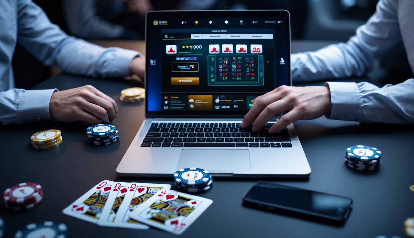 Seorang pemain fokus pada laptop dengan tampilan permainan poker online, dikelilingi chip poker dan kartu bermain.
