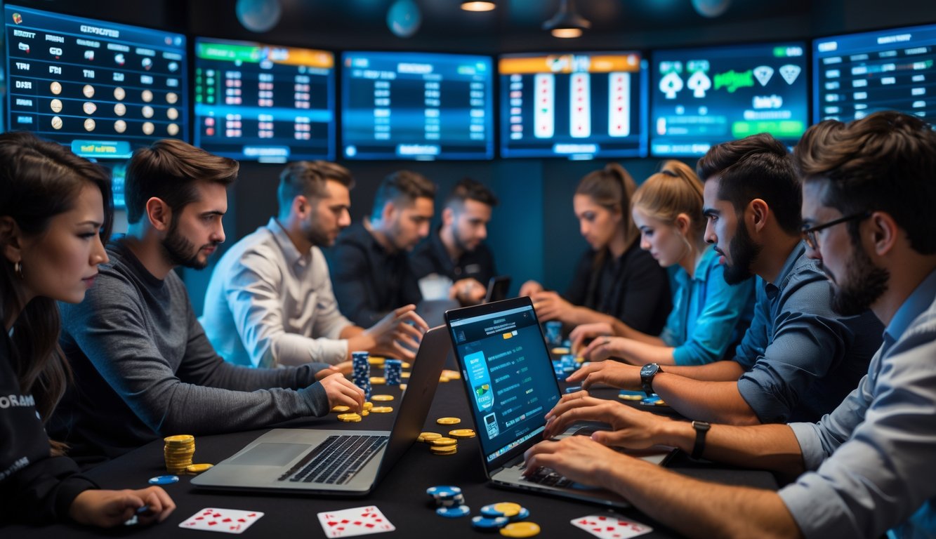 Beberapa orang bermain poker online dengan serius menggunakan laptop dan ponsel di ruangan modern yang terang.