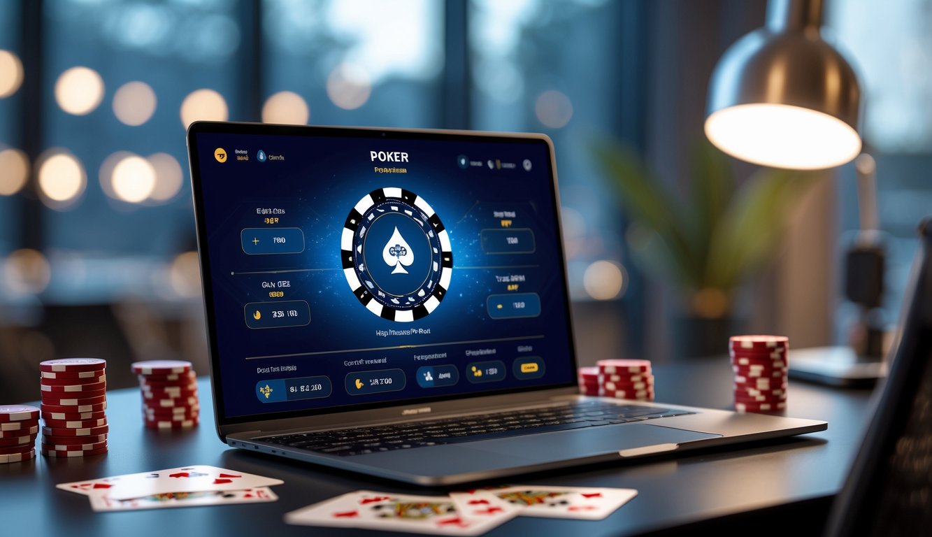 Suasana permainan poker online di laptop dengan tumpukan chip dan kartu remi di meja kerja modern.